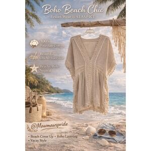 Seaspice Resort Wear Beige Crochet Lace 100% Peruvian Cotton Beach Cover Up XL